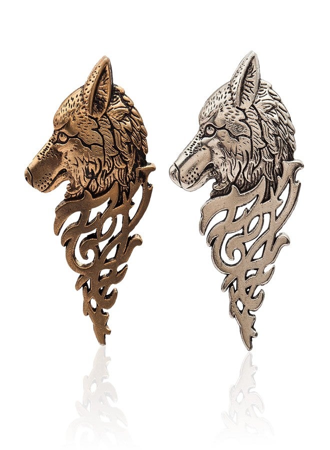 Anmpab 2 Pcs Vintage Wolf Head Lapel Brooch Set Antique Animal Suit Collar Brooch Pin Sweater Shawl Scarf Badge for Men Women (2PCS- Gold+Silver) - Image 1